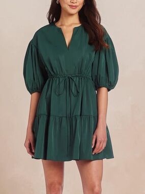Amanda Uprichard Newbury Split Neck Tiered Puff Sleeve Mini Dress Cypress Green